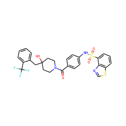 O=C(c1ccc(NS(=O)(=O)c2cccc3scnc23)cc1)N1CCC(O)(Cc2ccccc2C(F)(F)F)CC1 ZINC000217617386