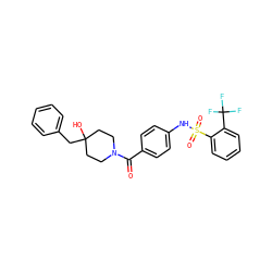 O=C(c1ccc(NS(=O)(=O)c2ccccc2C(F)(F)F)cc1)N1CCC(O)(Cc2ccccc2)CC1 ZINC000221283432