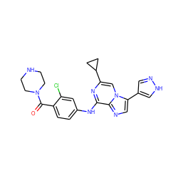 O=C(c1ccc(Nc2nc(C3CC3)cn3c(-c4cn[nH]c4)cnc23)cc1Cl)N1CCNCC1 ZINC000072123469