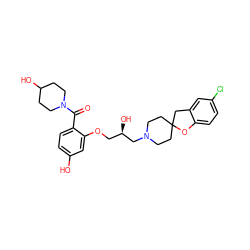 O=C(c1ccc(O)cc1OC[C@@H](O)CN1CCC2(CC1)Cc1cc(Cl)ccc1O2)N1CCC(O)CC1 ZINC000096271621