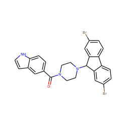 O=C(c1ccc2[nH]ccc2c1)N1CCN(C2c3cc(Br)ccc3-c3ccc(Br)cc32)CC1 ZINC000021289755