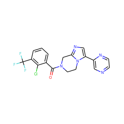 O=C(c1cccc(C(F)(F)F)c1Cl)N1CCn2c(-c3cnccn3)cnc2C1 ZINC000095565491