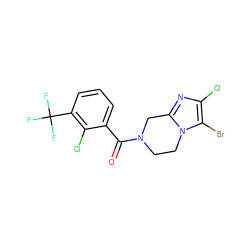 O=C(c1cccc(C(F)(F)F)c1Cl)N1CCn2c(nc(Cl)c2Br)C1 ZINC000095565172