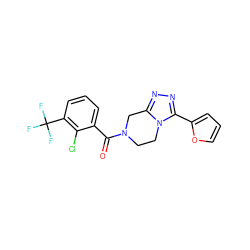 O=C(c1cccc(C(F)(F)F)c1Cl)N1CCn2c(nnc2-c2ccco2)C1 ZINC000095565072