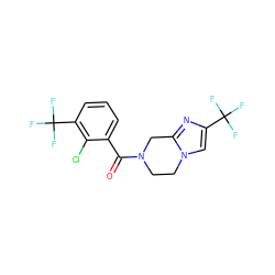 O=C(c1cccc(C(F)(F)F)c1Cl)N1CCn2cc(C(F)(F)F)nc2C1 ZINC000095565580