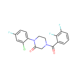 O=C(c1cccc(F)c1F)N1CCN(c2ccc(F)cc2Cl)C(=O)C1 ZINC000059275495