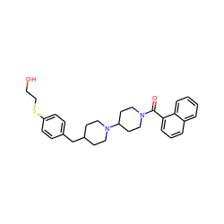 O=C(c1cccc2ccccc12)N1CCC(N2CCC(Cc3ccc(SCCO)cc3)CC2)CC1 ZINC000013440438