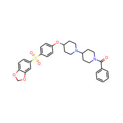 O=C(c1ccccc1)N1CCC(N2CCC(Oc3ccc(S(=O)(=O)c4ccc5c(c4)OCO5)cc3)CC2)CC1 ZINC000027998606