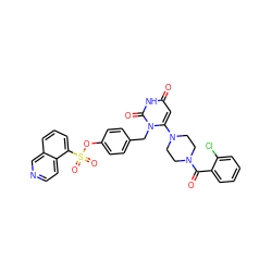 O=C(c1ccccc1Cl)N1CCN(c2cc(=O)[nH]c(=O)n2Cc2ccc(OS(=O)(=O)c3cccc4cnccc34)cc2)CC1 ZINC000205366053