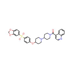 O=C(c1ccnc2ccccc12)N1CCC(N2CCC(Oc3ccc(S(=O)(=O)c4ccc5c(c4)OCO5)cc3)CC2)CC1 ZINC000003933049