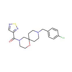 O=C(c1cnsn1)N1CCOC2(CCN(Cc3ccc(Cl)cc3)CC2)C1 ZINC000064573351