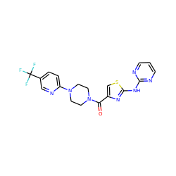 O=C(c1csc(Nc2ncccn2)n1)N1CCN(c2ccc(C(F)(F)F)cn2)CC1 ZINC000049032257