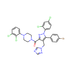 O=C(c1nn(-c2ccc(Cl)cc2Cl)c(-c2ccc(Br)cc2)c1Cn1cncn1)N1CCN(c2cccc(Cl)c2Cl)CC1 ZINC000049756880