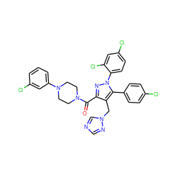 O=C(c1nn(-c2ccc(Cl)cc2Cl)c(-c2ccc(Cl)cc2)c1Cn1cncn1)N1CCN(c2cccc(Cl)c2)CC1 ZINC000049757169