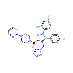 O=C(c1nn(-c2ccc(Cl)cc2Cl)c(-c2ccc(Cl)cc2)c1Cn1cncn1)N1CCN(c2ncccn2)CC1 ZINC000049762365