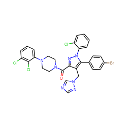 O=C(c1nn(-c2ccccc2Cl)c(-c2ccc(Br)cc2)c1Cn1cncn1)N1CCN(c2cccc(Cl)c2Cl)CC1 ZINC000049766934