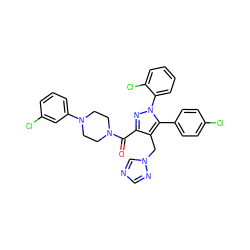 O=C(c1nn(-c2ccccc2Cl)c(-c2ccc(Cl)cc2)c1Cn1cncn1)N1CCN(c2cccc(Cl)c2)CC1 ZINC000049766482