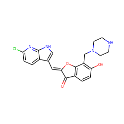 O=C1/C(=C/c2c[nH]c3nc(Cl)ccc23)Oc2c1ccc(O)c2CN1CCNCC1 ZINC000219743969