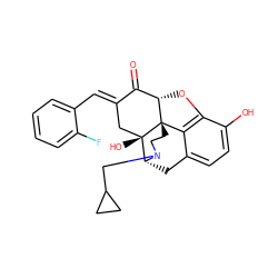 O=C1/C(=C/c2ccccc2F)C[C@@]2(O)[C@H]3Cc4ccc(O)c5c4[C@@]2(CCN3CC2CC2)[C@H]1O5 ZINC000013652309