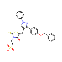 O=C1/C(=C/c2cn(-c3ccccc3)nc2-c2ccc(OCc3ccccc3)cc2)SC(=S)N1CCS(=O)(=O)O ZINC000049670037