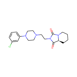 O=C1[C@@H]2CCCCN2C(=O)N1CCN1CCN(c2cccc(Cl)c2)CC1 ZINC000052584317