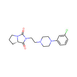 O=C1[C@@H]2CCCN2C(=O)N1CCN1CCN(c2cccc(Cl)c2)CC1 ZINC000053244626