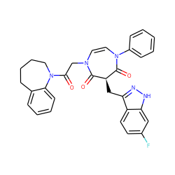 O=C1[C@H](Cc2n[nH]c3cc(F)ccc23)C(=O)N(c2ccccc2)C=CN1CC(=O)N1CCCCc2ccccc21 ZINC000049762185