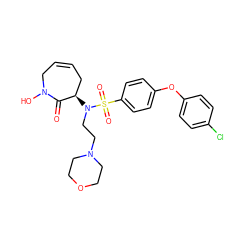 O=C1[C@H](N(CCN2CCOCC2)S(=O)(=O)c2ccc(Oc3ccc(Cl)cc3)cc2)CC=CCN1O ZINC000073165515