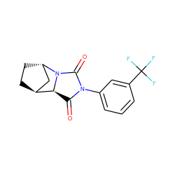 O=C1[C@H]2[C@H]3CC[C@@H](C3)N2C(=O)N1c1cccc(C(F)(F)F)c1 ZINC000101488379