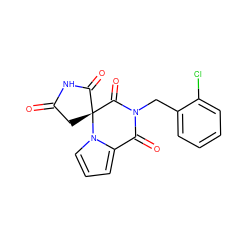 O=C1C[C@@]2(C(=O)N1)C(=O)N(Cc1ccccc1Cl)C(=O)c1cccn12 ZINC000013781445