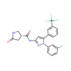 O=C1C[C@@H](C(=O)Nc2cc(-c3cccc(C(F)(F)F)c3)n(-c3cccc(F)c3)n2)CN1 ZINC000169707152