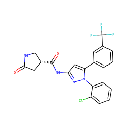 O=C1C[C@@H](C(=O)Nc2cc(-c3cccc(C(F)(F)F)c3)n(-c3ccccc3Cl)n2)CN1 ZINC000169707144