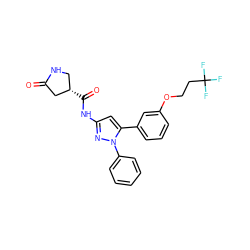 O=C1C[C@@H](C(=O)Nc2cc(-c3cccc(OCCC(F)(F)F)c3)n(-c3ccccc3)n2)CN1 ZINC000169707086