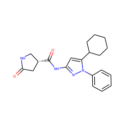 O=C1C[C@@H](C(=O)Nc2cc(C3CCCCC3)n(-c3ccccc3)n2)CN1 ZINC000169706981