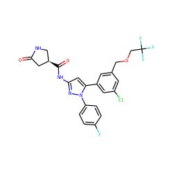 O=C1C[C@H](C(=O)Nc2cc(-c3cc(Cl)cc(COCC(F)(F)F)c3)n(-c3ccc(F)cc3)n2)CN1 ZINC000169707468