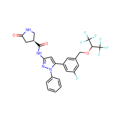 O=C1C[C@H](C(=O)Nc2cc(-c3cc(F)cc(COC(C(F)(F)F)C(F)(F)F)c3)n(-c3ccccc3)n2)CN1 ZINC000169707464