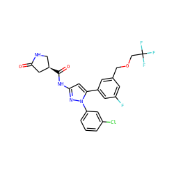 O=C1C[C@H](C(=O)Nc2cc(-c3cc(F)cc(COCC(F)(F)F)c3)n(-c3cccc(Cl)c3)n2)CN1 ZINC000169707414