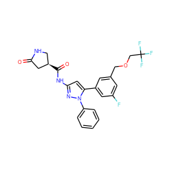 O=C1C[C@H](C(=O)Nc2cc(-c3cc(F)cc(COCC(F)(F)F)c3)n(-c3ccccc3)n2)CN1 ZINC000169707395