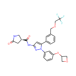 O=C1C[C@H](C(=O)Nc2cc(-c3cccc(COCC(F)(F)F)c3)n(-c3cccc(OC4COC4)c3)n2)CN1 ZINC000169707412