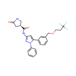 O=C1C[C@H](C(=O)Nc2cc(-c3cccc(COCCC(F)(F)F)c3)n(-c3ccccc3)n2)CN1 ZINC000169707198