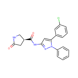 O=C1C[C@H](C(=O)Nc2cc(-c3cccc(Cl)c3)n(-c3ccccc3)n2)CN1 ZINC000169706980