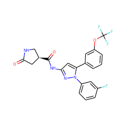 O=C1C[C@H](C(=O)Nc2cc(-c3cccc(OC(F)(F)F)c3)n(-c3cccc(F)c3)n2)CN1 ZINC000169707375