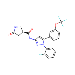 O=C1C[C@H](C(=O)Nc2cc(-c3cccc(OC(F)(F)F)c3)n(-c3ccccc3F)n2)CN1 ZINC000169707374