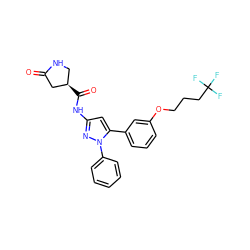 O=C1C[C@H](C(=O)Nc2cc(-c3cccc(OCCCC(F)(F)F)c3)n(-c3ccccc3)n2)CN1 ZINC000169707193