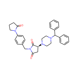 O=C1C[C@H](N2CCN(C(c3ccccc3)c3ccccc3)CC2)C(=O)N1Cc1ccc(N2CCCC2=O)cc1 ZINC000022797034