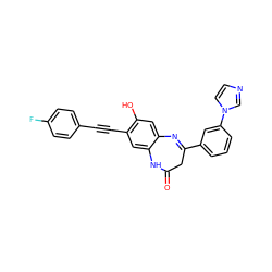 O=C1CC(c2cccc(-n3ccnc3)c2)=Nc2cc(O)c(C#Cc3ccc(F)cc3)cc2N1 ZINC000101383332