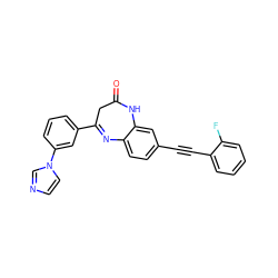 O=C1CC(c2cccc(-n3ccnc3)c2)=Nc2ccc(C#Cc3ccccc3F)cc2N1 ZINC000101452428