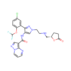 O=C1CC[C@@H](CNCCn2cc(NC(=O)c3cnn4cccnc34)c(-c3cc(Cl)ccc3OC(F)F)n2)O1 ZINC001772649730