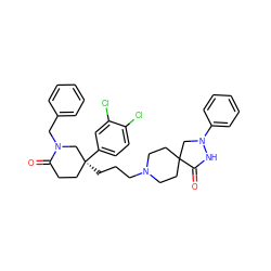 O=C1CC[C@](CCCN2CCC3(CC2)CN(c2ccccc2)NC3=O)(c2ccc(Cl)c(Cl)c2)CN1Cc1ccccc1 ZINC000028765147