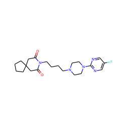 O=C1CC2(CCCC2)CC(=O)N1CCCCN1CCN(c2ncc(F)cn2)CC1 ZINC000029406420